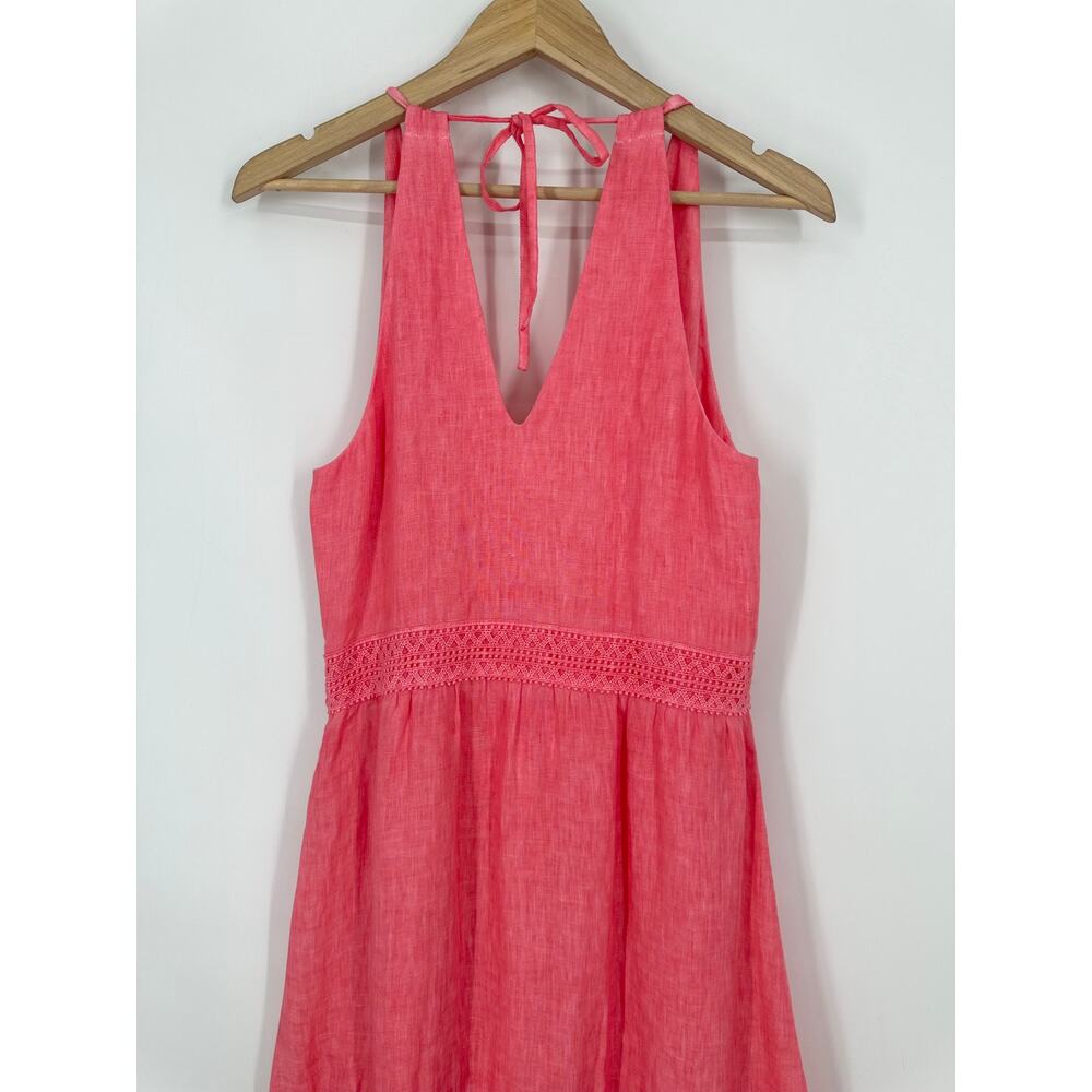 120% Lino Resort Linen Tiered Halter Maxi Dress Crochet Sleeveless, Coral Pink - Picture 8 of 14